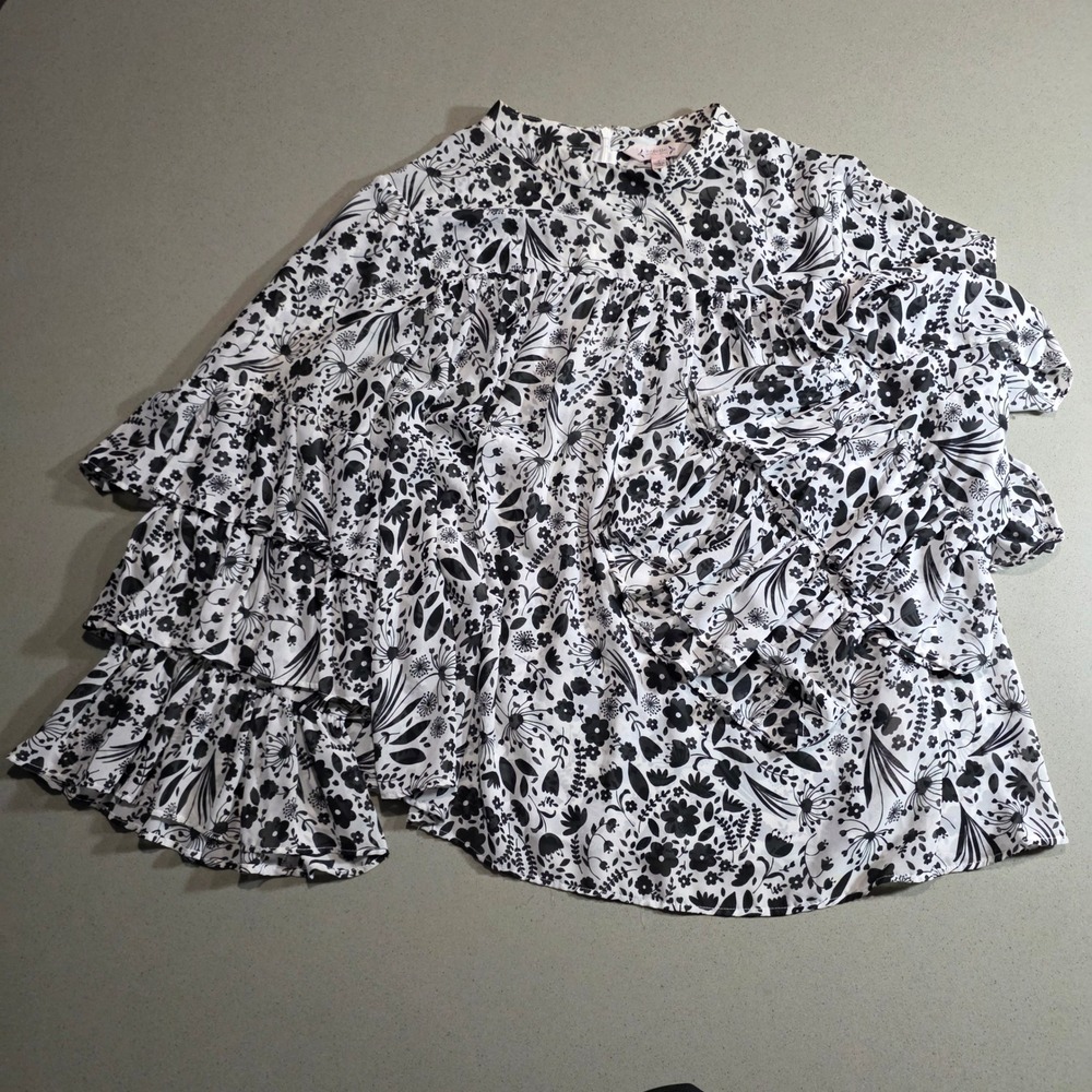 Nanette Lepore Black White Floral Tiered Ruffle Sleeve Blouse Size 2